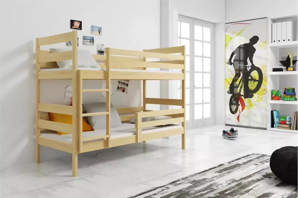 Bērnu gulta Eryk Bunk Basic 90x200 ar stelāžām Guļamvietas platums: 90 cm, Guļamvietas garums: 200 cm, · Priede · 97 × 2