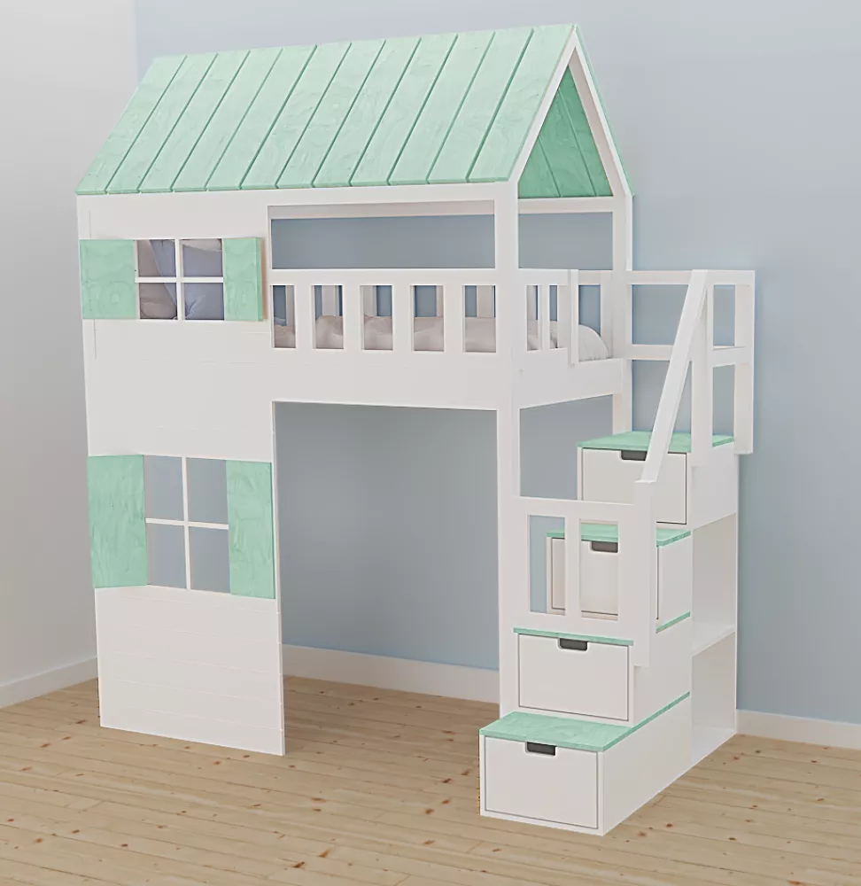 Bērnu gulta 101A ar stelāžu Kāpņu puse: Pa labi, Guļamvietas platums: 80 cm, Guļamvietas garums: 160 cm, · 112 × 212 × 2