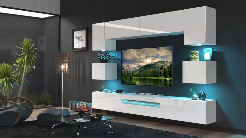 Sekcija Next Gan 1 gloss ar LED · Balts · 257 × 35 × 207 cm