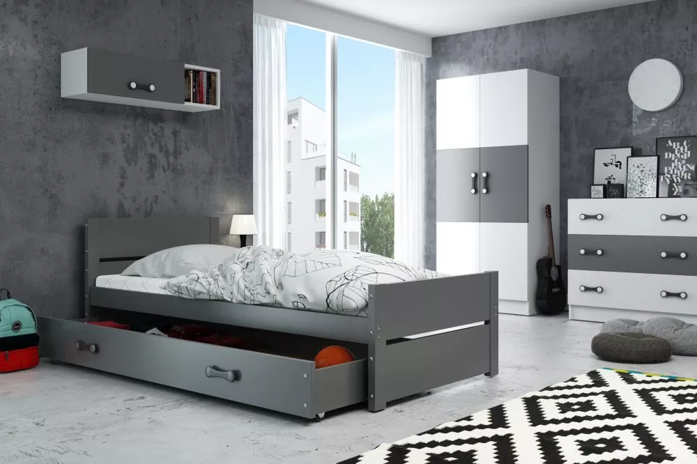 Bērnu gulta Bartek Classic ar stelāžu Guļamvietas platums: 90 cm, Guļamvietas garums: 200 cm, · Grafīts · 97 × 206 × 68 