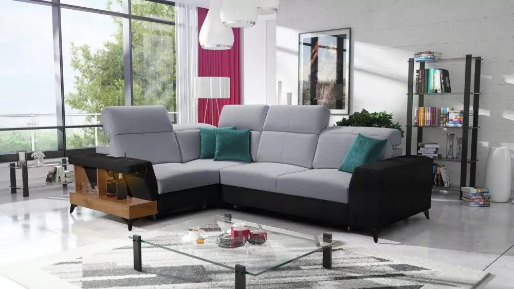 Dīvāns Belutti 2 Lancelot Standard ar LED · Pelēks + melns · 212 × 288 × 84 cm