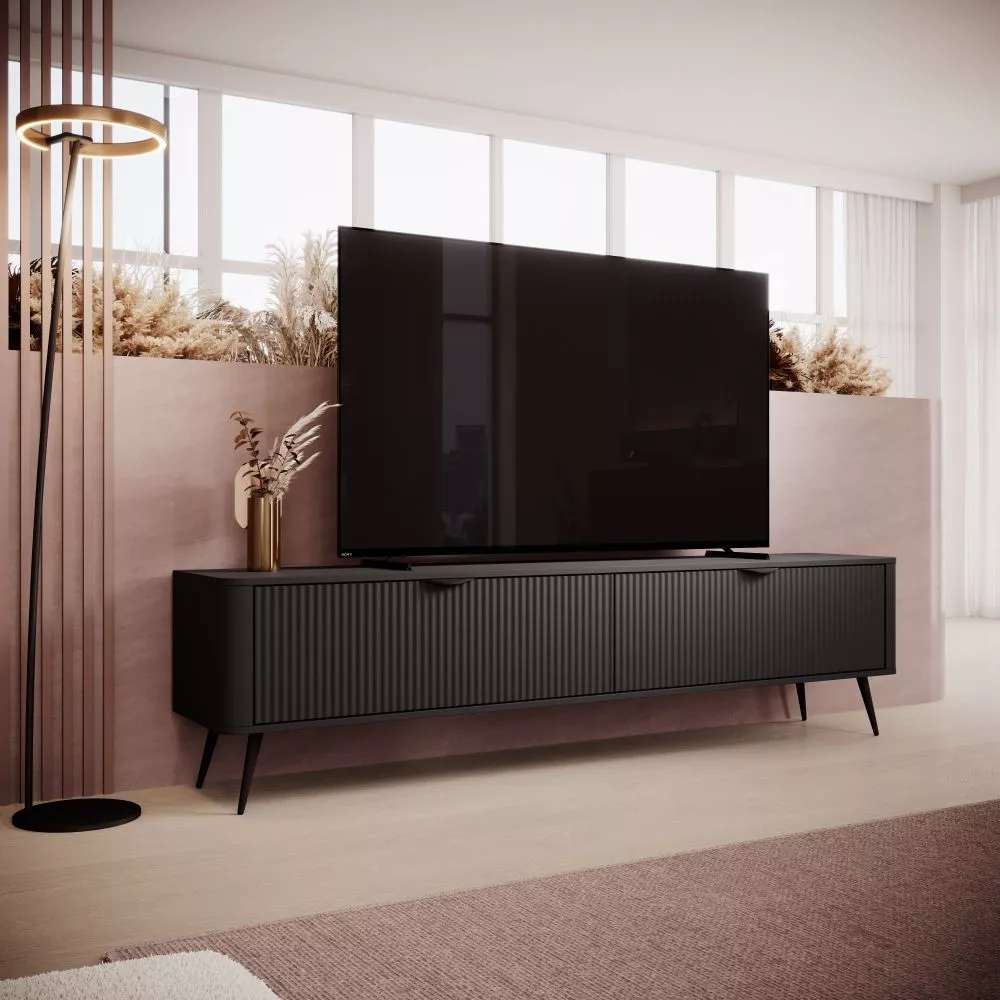 TV tumba Lante E · Melns · 200 × 38 × 51.2 cm
