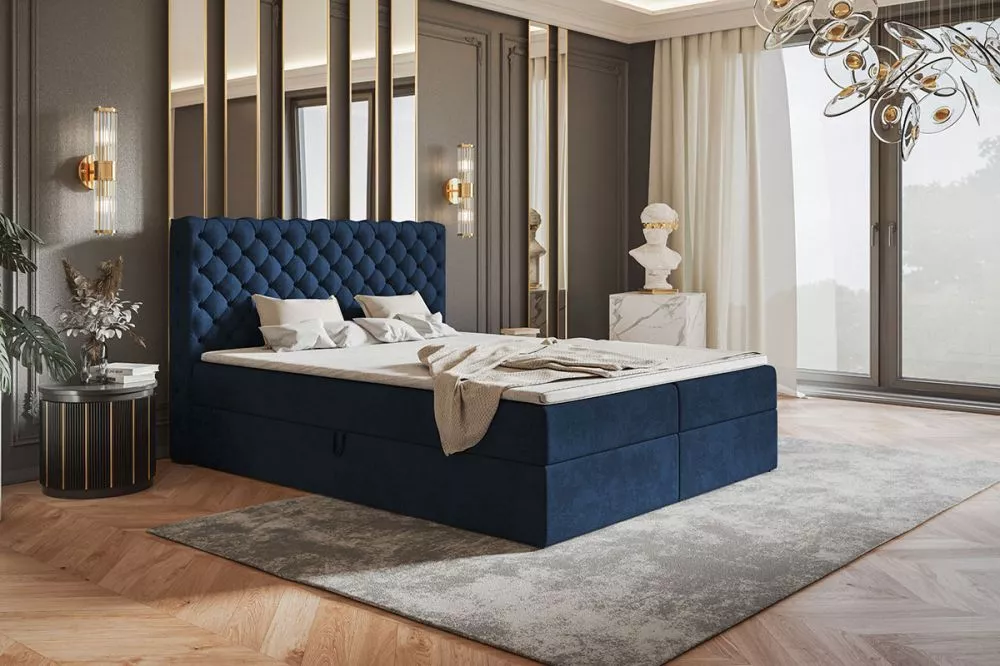 Gulta Box 8 Boxspring standard Guļamvietas platums: 140 cm, Guļamvietas garums: 200 cm, · Zils · 146 × 214 × 115 cm