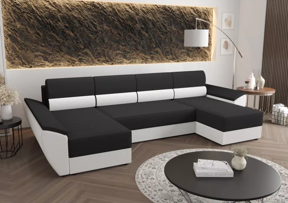 Dīvāns Rebi U3 Standard · Tumši pelēks + balts · 140 × 321 × 88 cm