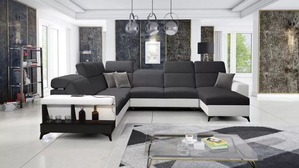 Dīvāns Belutti 8 Satin Black Standard ar LED · Grafīts + balts · 288 × 362 × 84 cm