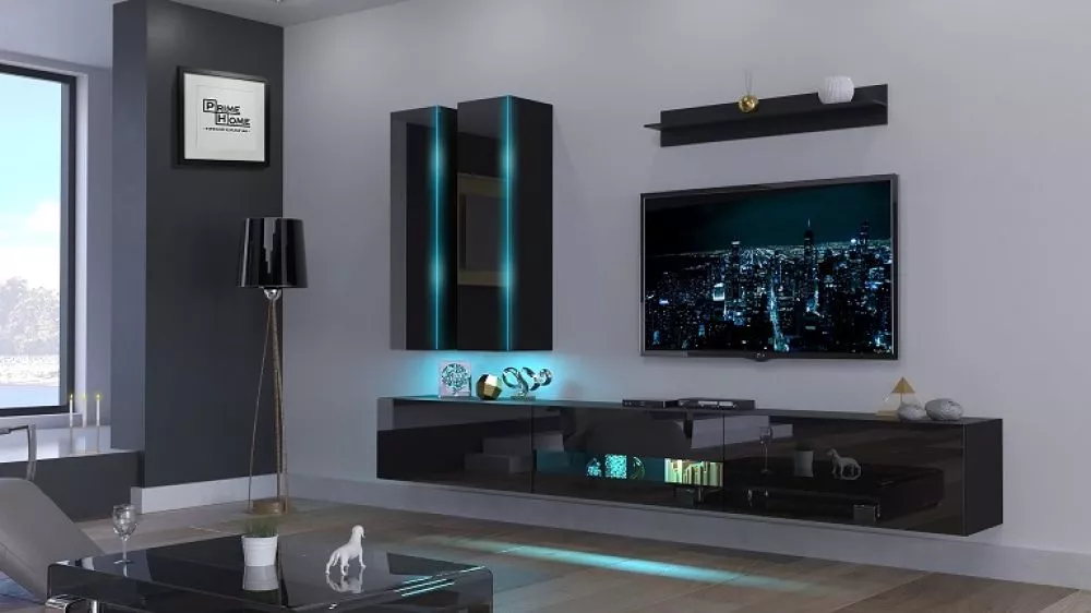 Sekcija Next 55 gloss ar LED · Melns · 273 × 35 × 200 cm