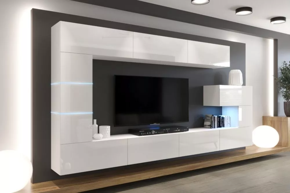 Sekcija Next AN89 gloss ar LED · Balts · 332 × 35 × 184 cm