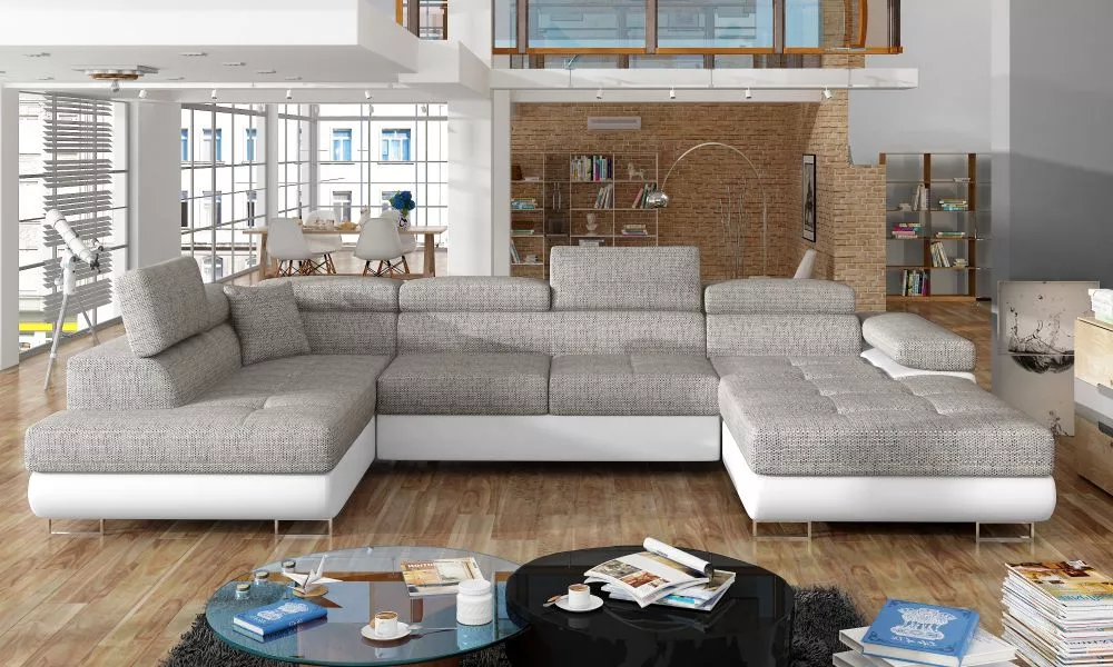 Dīvāns Rodrigo standard · Gaiši pelēks + balts · 202 × 345 × 90 cm
