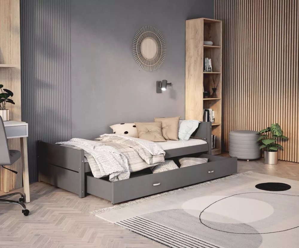 Gulta Tymon 90x200 ar stelāžu Guļamvietas platums: 90 cm, Guļamvietas garums: 200 cm, stelāžas tips: koka, · Pelēks · 96