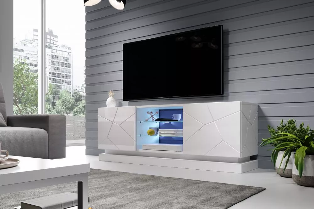 TV tumba Qiu ar LED · Balts · 160 × 40 × 57 cm