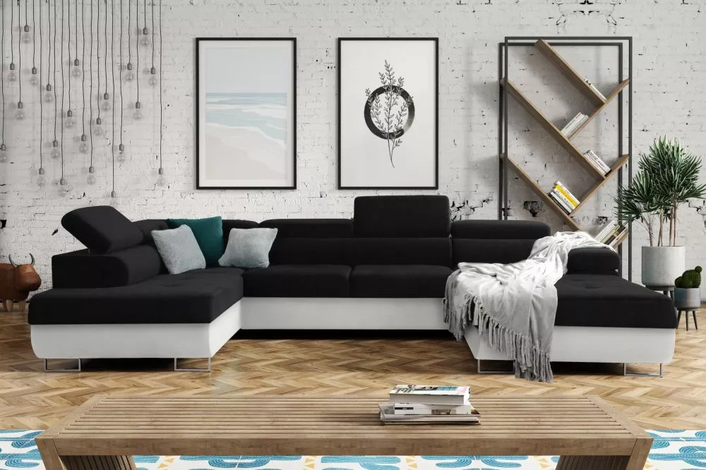 Dīvāns Annabelle U 2 Eco Standard · Melns + balts · 201 × 343 × 76 cm