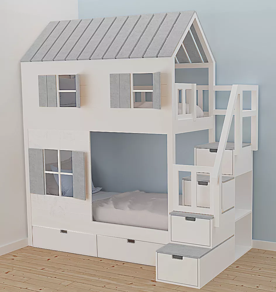 Bērnu gulta 102P ar stelāžām Kāpņu puse: Pa labi, Guļamvietas platums: 90 cm, Guļamvietas garums: 200 cm, · 118 × 247 × 