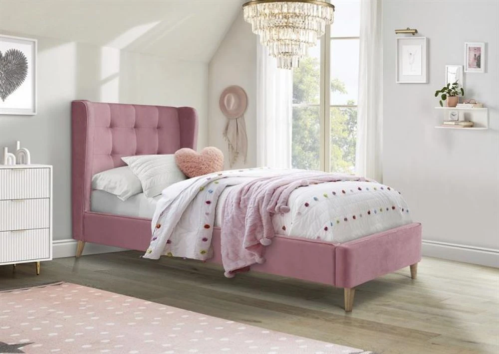Gulta Estella ar stelāžu Guļamvietas platums: 90 cm, Guļamvietas garums: 200 cm, · Rozā · 102 × 219 × 113 cm
