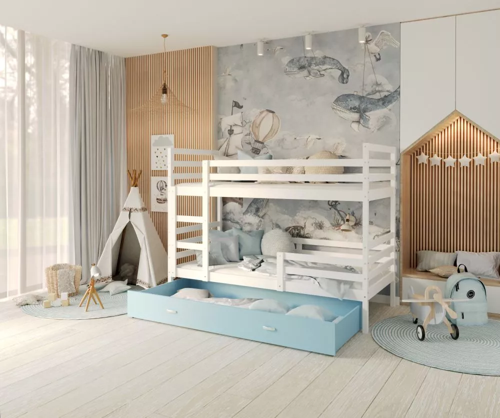Bērnu gulta Jacek MDF 90x200 ar stelāžām Guļamvietas platums: 90 cm, Guļamvietas garums: 200 cm, · 96 × 208 × 158 cm
