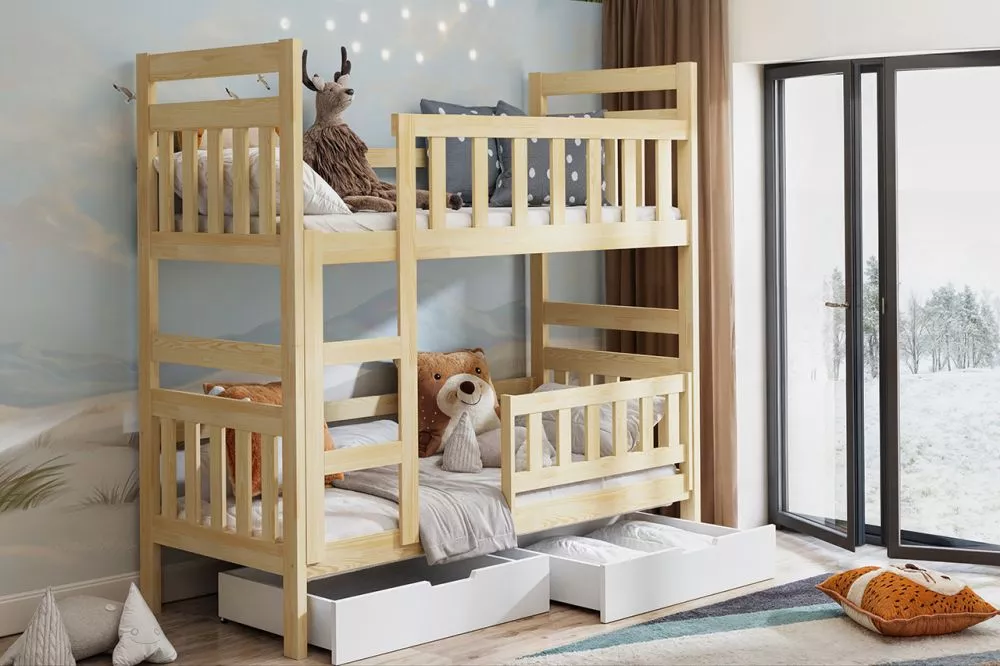 Bērnu gulta Tom 2 ar stelāžām Guļamvietas platums: 80 cm, Guļamvietas garums: 160 cm, · Priede · 85 × 168 × 168 cm