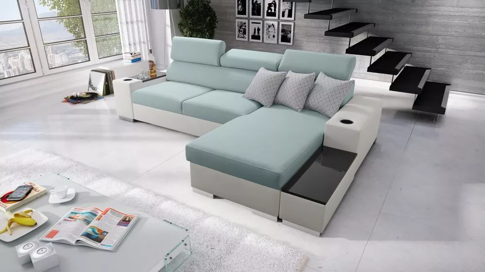 Dīvāns Perseo 1 Maxi Eco Standard · Gaiši zils + balts · 182 × 291 × 95 cm