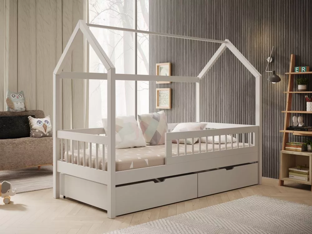 Bērnu gulta Galicja ar stelāžu Guļamvietas platums: 70 cm, Guļamvietas garums: 140 cm, · Balts · 77 × 146 × 145 cm