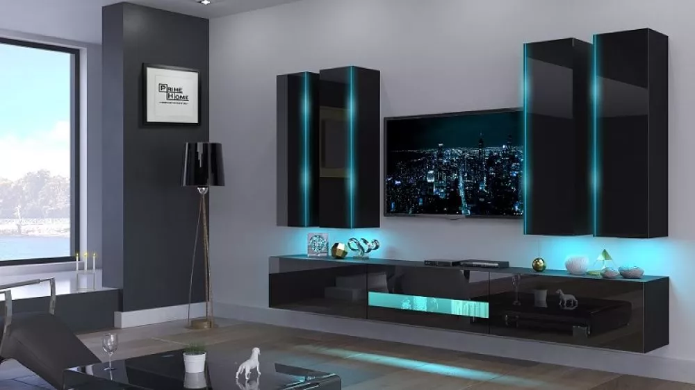 Sekcija Next 52 gloss ar LED · Melns · 273 × 35 × 200 cm