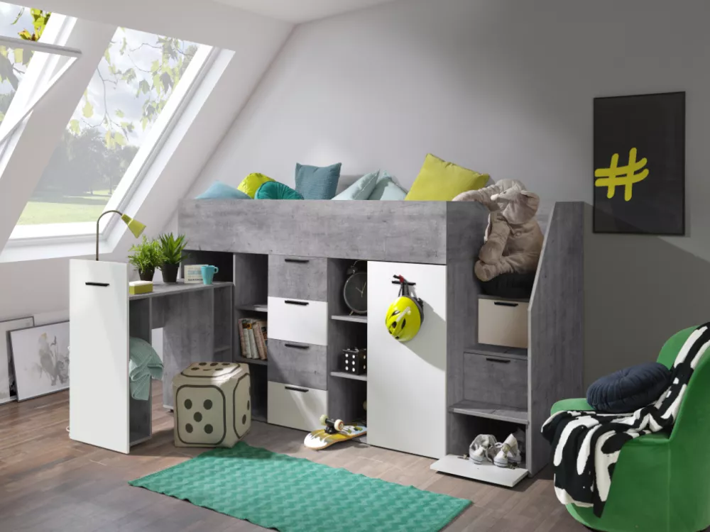 Bērnu gulta Konkret 3 ar stelāžu Kāpņu puse: Pa labi, Guļamvietas platums: 90 cm, Guļamvietas garums: 200 cm, · 93 × 248