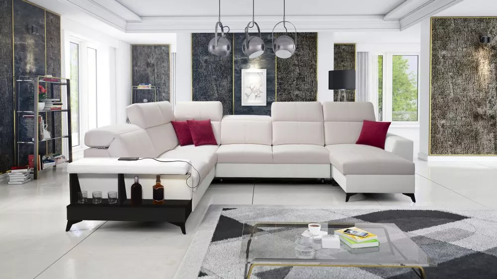 Dīvāns Belutti 8 Satin Black Standard ar LED · Krēma + balts · 288 × 362 × 84 cm