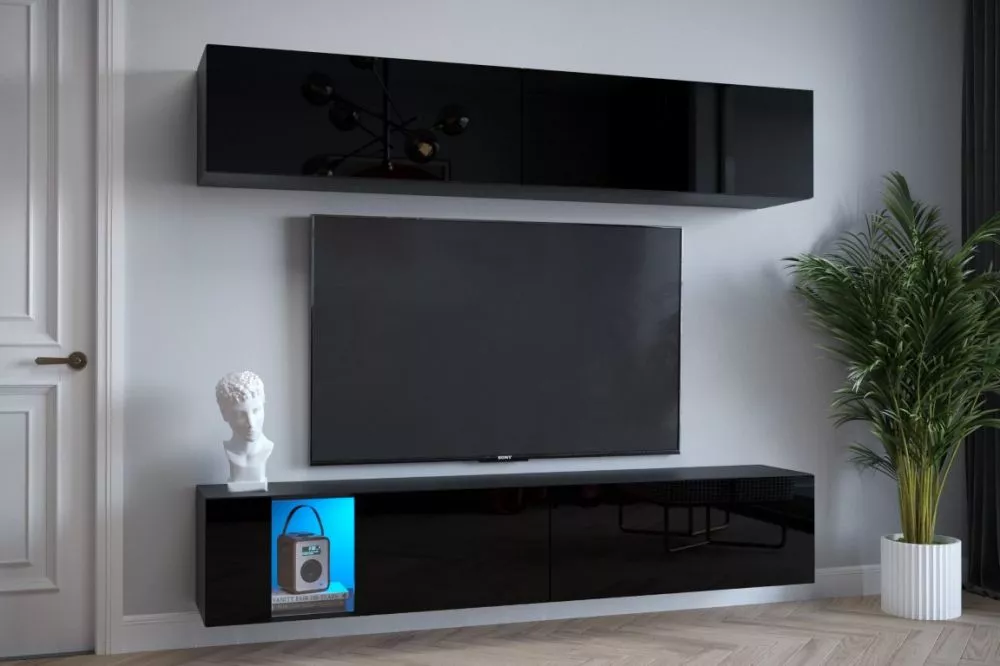 Sekcija Exclusive 6 gloss ar LED · Melna · 182 × 35 × 200 cm