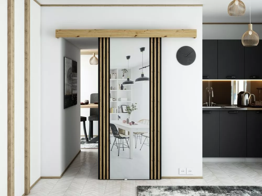 Bīdāmās durvis Modern 2 Artisan · Ozols artisan + melns · 90 × 204 cm