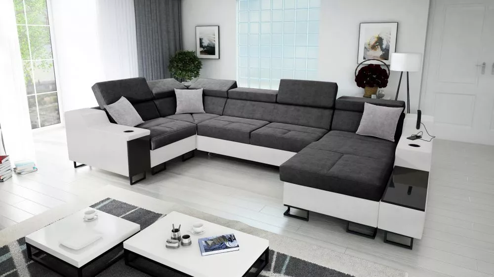 Dīvāns Alicante 4 Mini Whisper Eco Standard · Tumši pelēks + balts · 211 × 342 × 81 cm