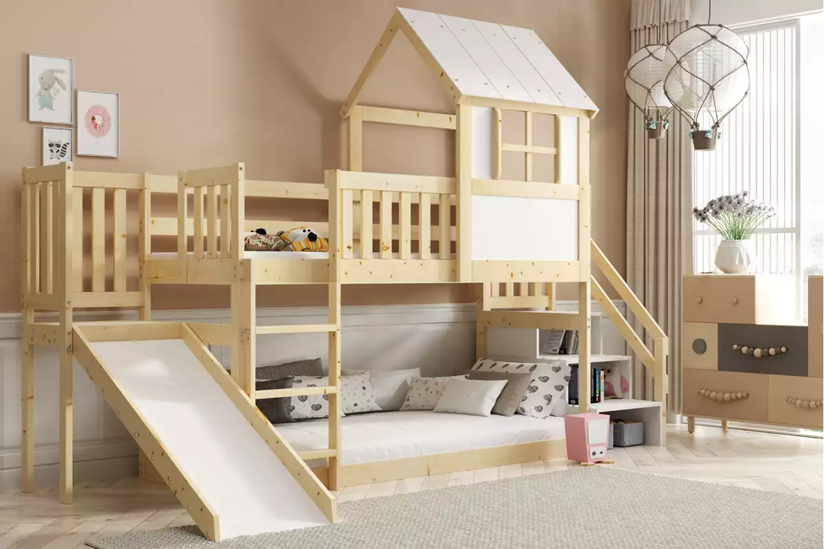Bērnu gulta Antresola Domek Premium 90x200 ar stelāžām Guļamvietas platums: 90 cm, Guļamvietas garums: 200 cm, · Priede 