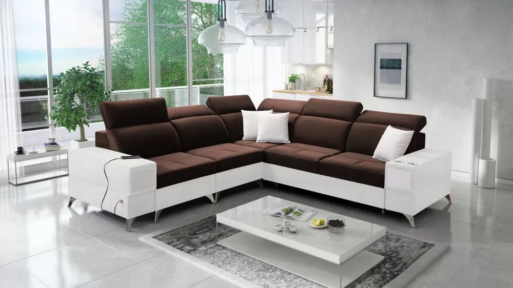 Dīvāns Deus 3 Premium Standard · Tumši brūns + balts · 284 × 286 × 83 cm