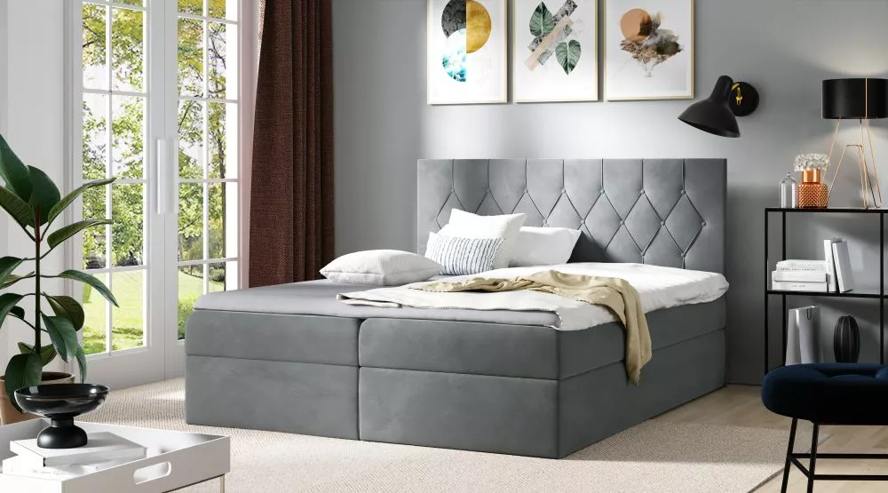 Gulta Sky Boxspring Standard Guļamvietas platums: 160 cm, Guļamvietas garums: 200 cm, · Pelēks · 164 × 208 × 103 cm