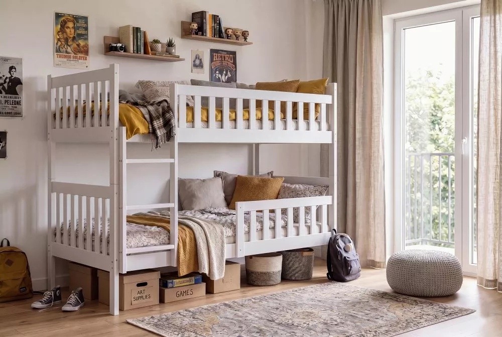 Bērnu gulta Kubus Double Basic ar stelāžām Guļamvietas platums: 90 cm, Guļamvietas garums: 190 cm, · Balts · 97 × 195 × 