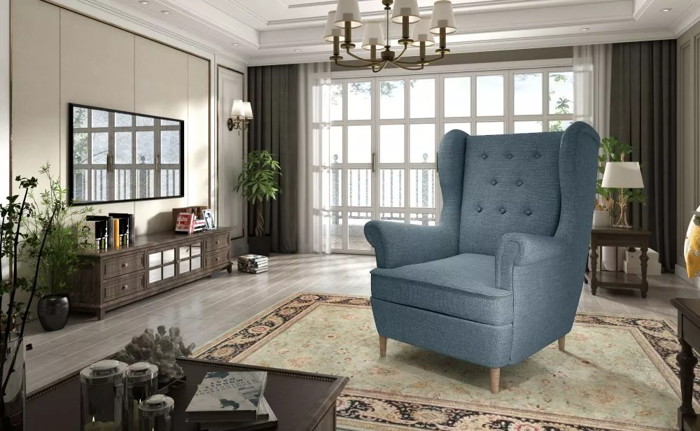 Mīksts krēsls Aros 1F standard Sēdvietas dziļums: 55 cm, · Gaiši zils · 107 × 90 × 103 cm
