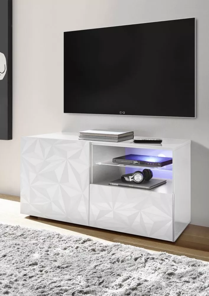 TV tumba Prisma 01 ar LED · Balts · 122 × 42 × 57 cm