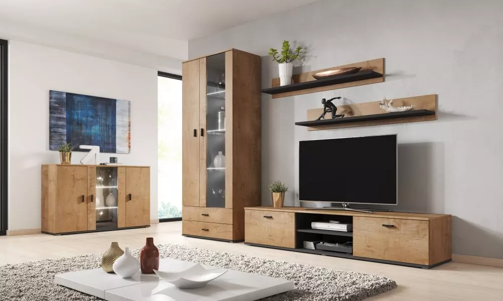Sekcija Soho 9 ar LED · Ozols lefkas · 380 × 43 × 192 cm