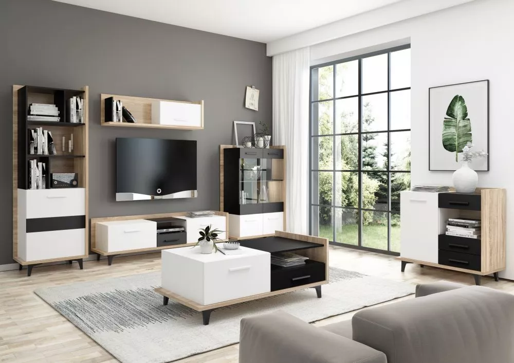 Sekcija Box Z1 Korpusa krāsa: ozols sonoma, Elementu krāsa: melns + balts,