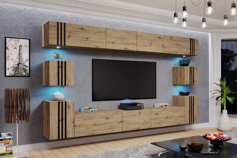 Sekcija Idys ar LED · Ozols artisan · 242 × 35 × 210 cm