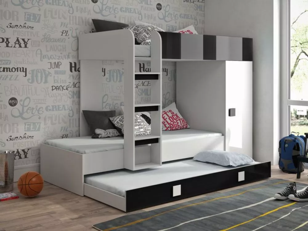Bērnu gulta Toledo 2 Lux ar stelāžām Guļamvietas platums: 90 cm, Guļamvietas garums: 200 cm, · 94.4 × 254.4 × 165 cm