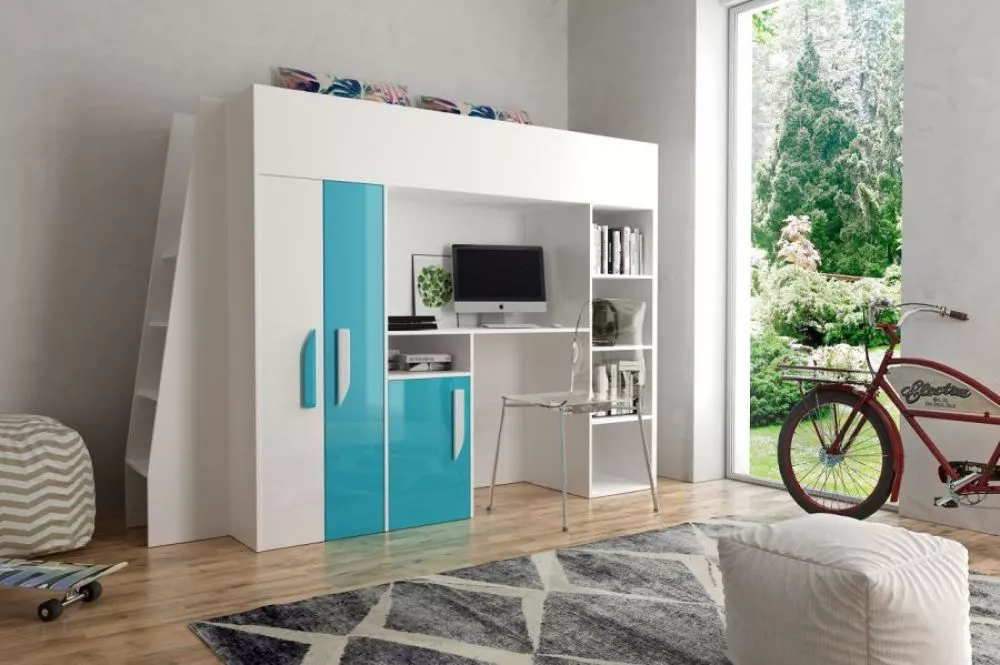 Bērnu gulta Party 15 ar stelāžu Guļamvietas platums: 90 cm, Guļamvietas garums: 200 cm, · 95 × 230 × 165 cm
