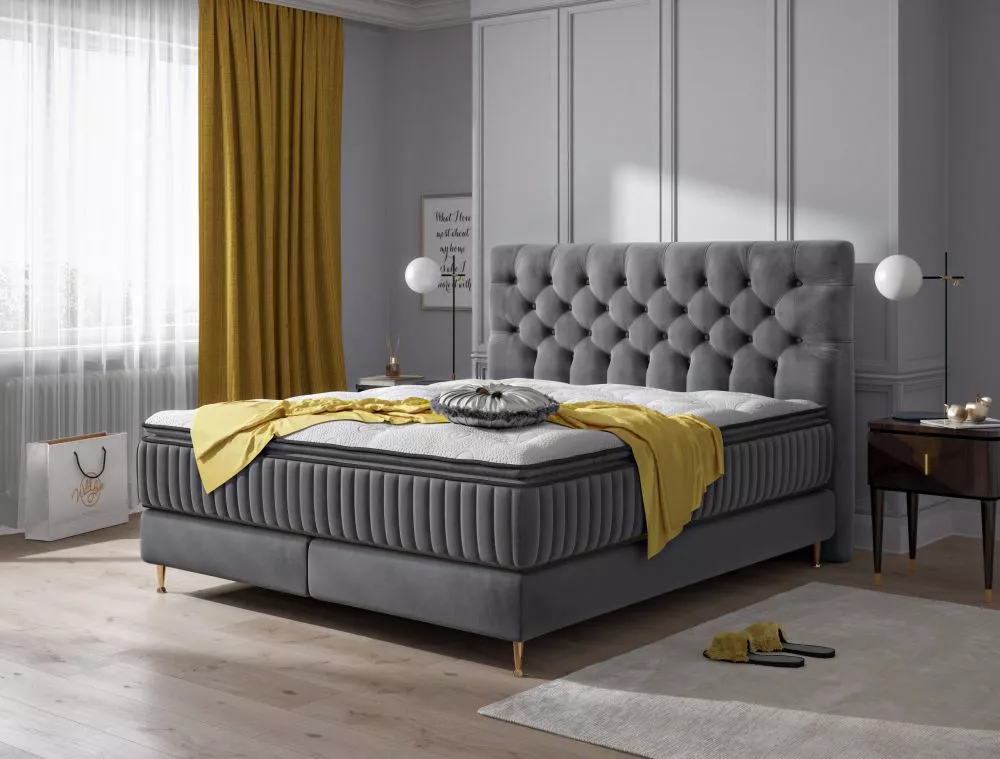 Gulta Astoria Boxspring Standard Guļamvietas platums: 180 cm, Guļamvietas garums: 200 cm, · Pelēks · 190 × 215 × 130 cm