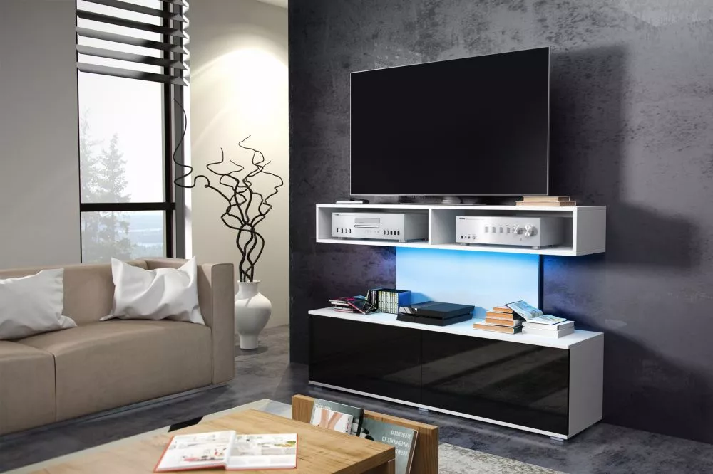TV tumba Rex · Balts + melns spīdums · 140 × 36 × 94 cm