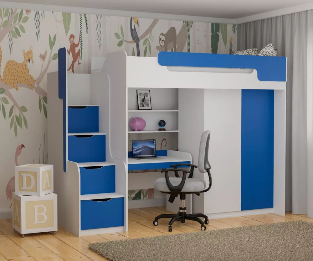 Bērnu gulta Dorian 3 90x200 ar stelāžu Guļamvietas platums: 90 cm, Guļamvietas garums: 200 cm, · 104 × 260 × 187 cm