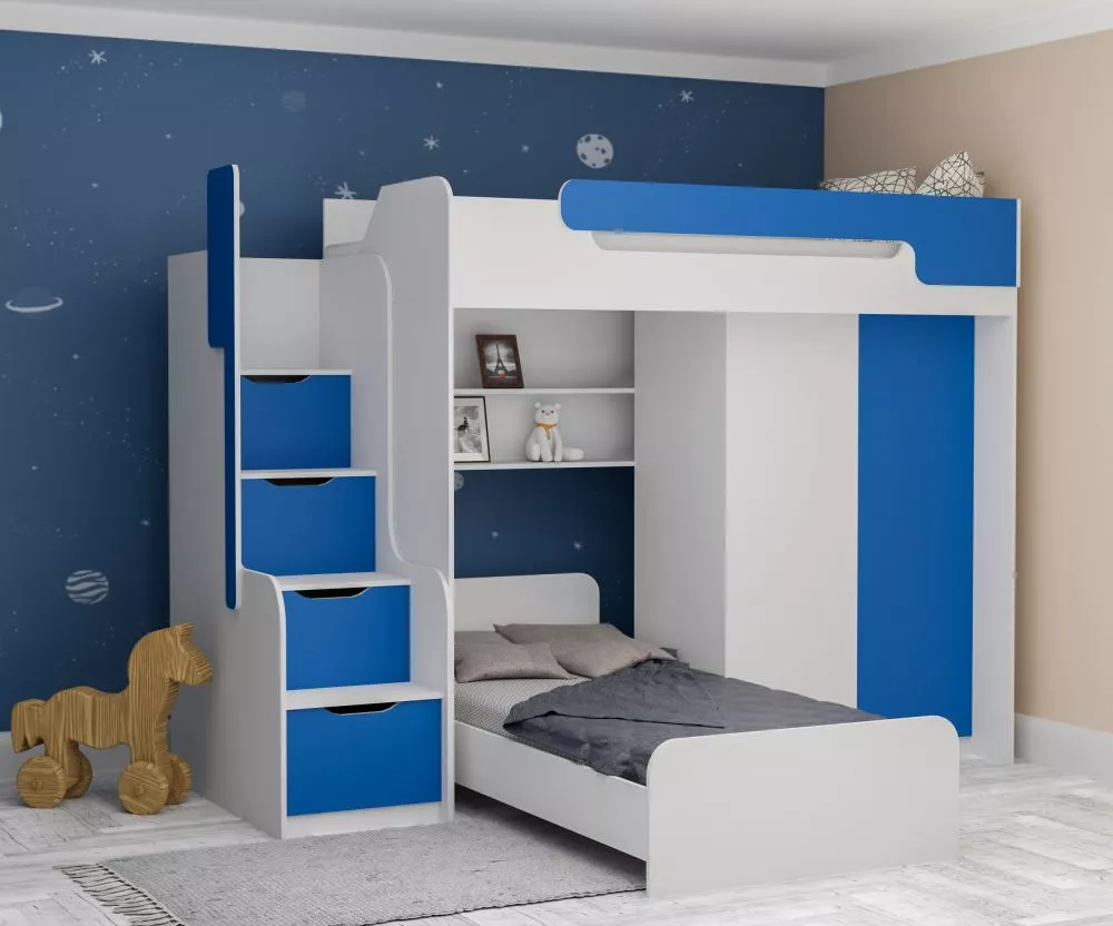 Bērnu gulta Dorian 2 90x200 ar stelāžām Guļamvietas platums: 90 cm, Guļamvietas garums: 200 cm, · 205 × 260 × 187 cm