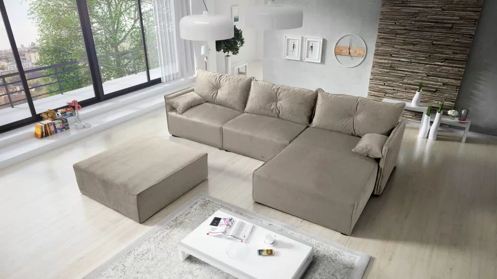 Dīvāns Leon 2 Standard ar pufu · Bēši pelēks · 179 × 318 × 85 cm