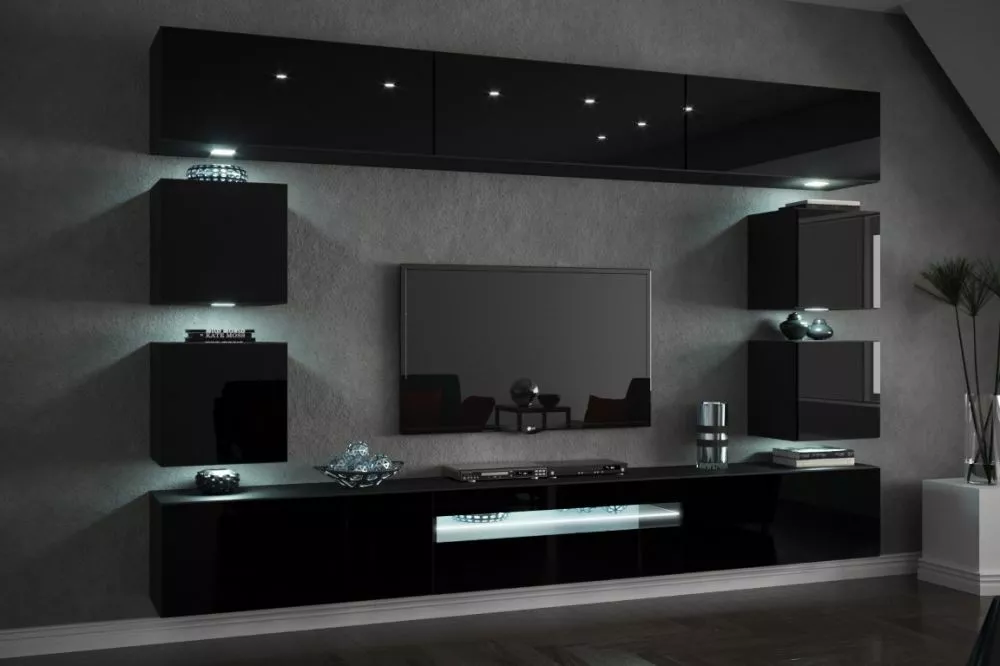Sekcija Concept 81 gloss ar LED · Melns · 273 × 35 × 184 cm