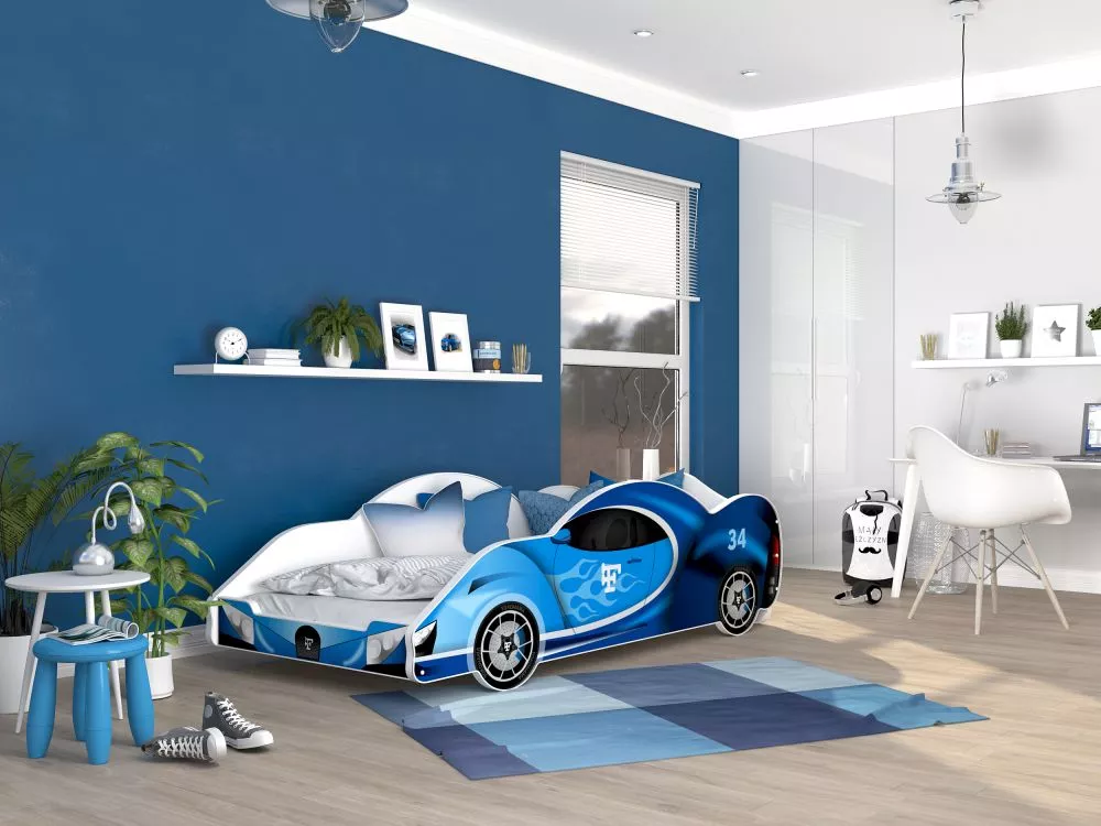 Bērnu gulta Cars 90x180 ar stelāžu Guļamvietas platums: 90 cm, Guļamvietas garums: 180 cm, · Gaiši zils · 94 × 203 × 61 