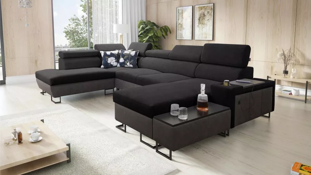 Dīvāns Melody 6 Premium Standard · Melns + grafīts · 220 × 363 × 84 cm