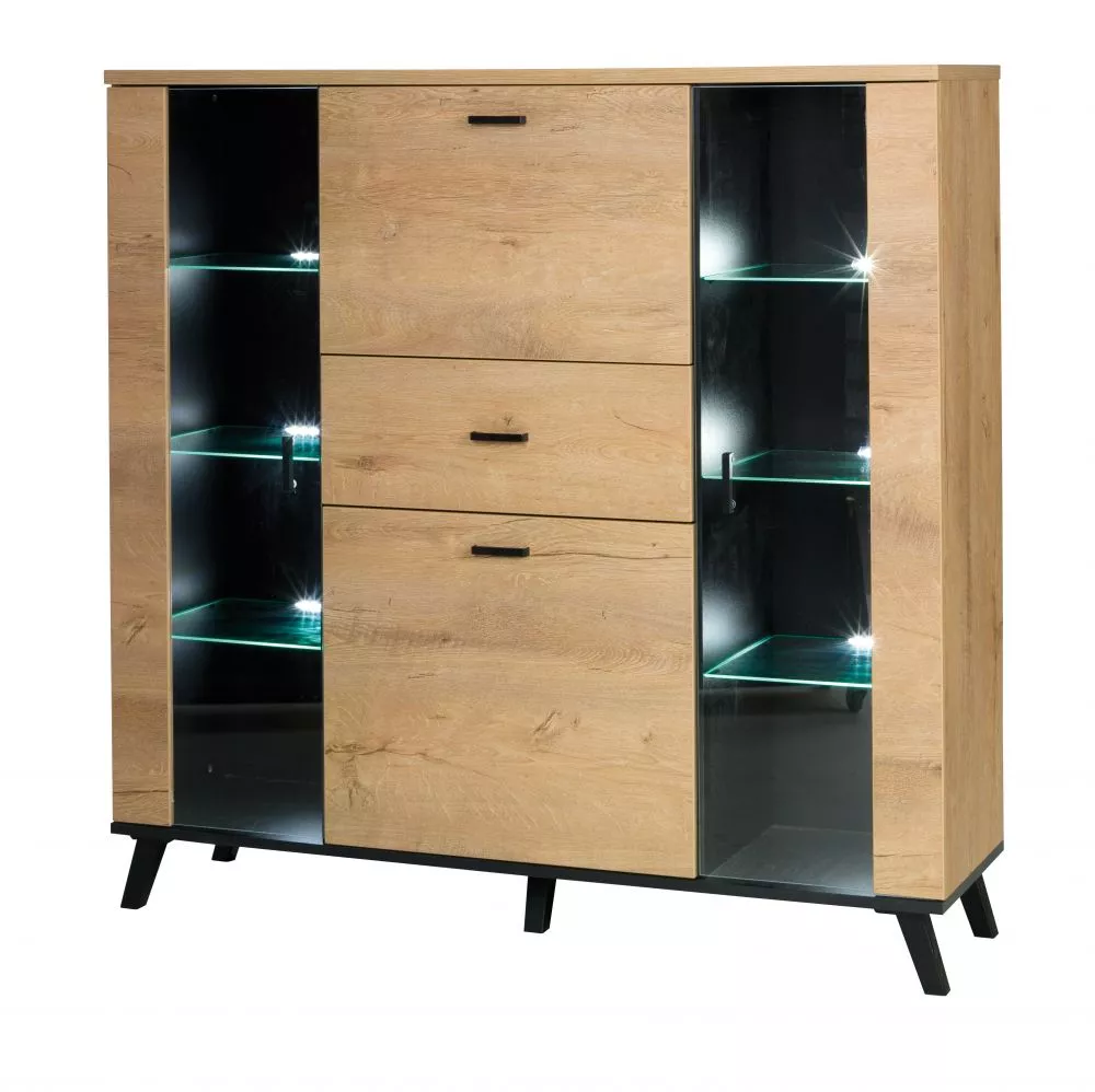 Kumode John 3 ar LED · Ozols lefkas + melns · 131 × 40 × 131 cm