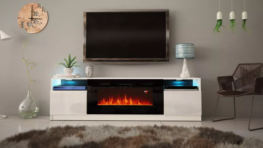 TV tumba Ylax 200 ar kamīnu · Balts · 200 × 35 × 57 cm