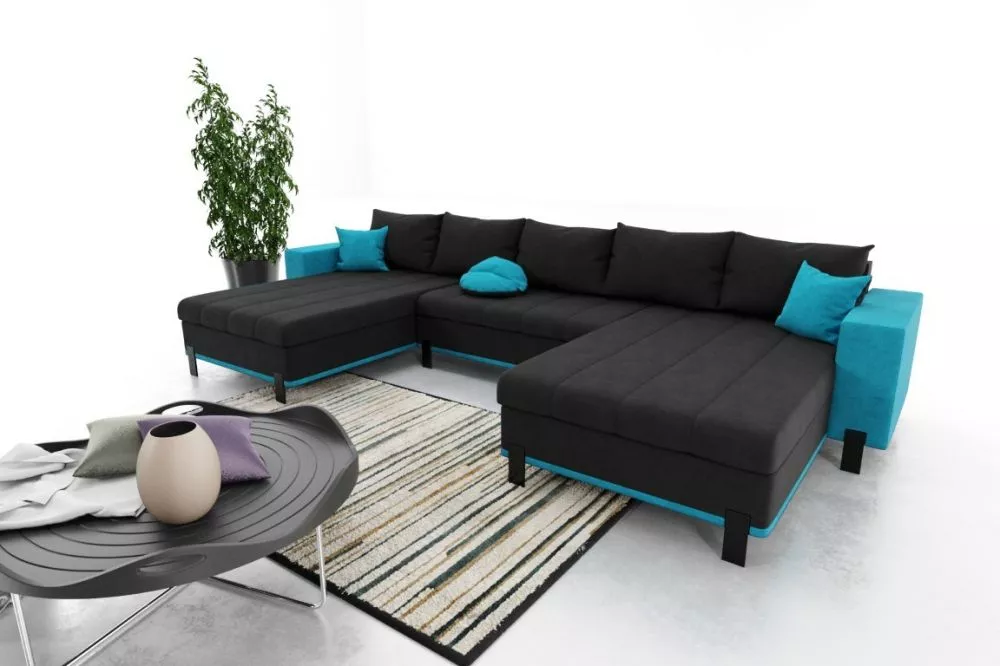 Dīvāns Livia Standard · Melns + gaiši zils · 142 × 350 × 76 cm
