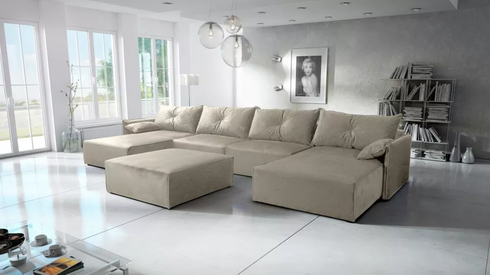 Dīvāns Leon U Standard ar pufu · Bēši pelēks · 179 × 420 × 85 cm